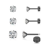 FACOKO Orecchini da donna, 3 Paia di Orecchini in Titanio con Zirconi, Post a Piatto, 3mm/4mm/5mm, Senza Nichel, Ipoallergenici, Adatti a più fori per le orecchie (3Paralleli CZ Flat Back-Nero)