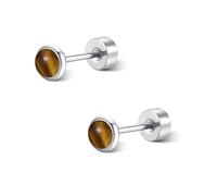 FACOKO Orecchini da donna con fondo piatto in occhio di tigre 5 mm in acciaio al titanio ipoallergenici con pietre marroni e dorate gioielli minimalisti e delicati regalo