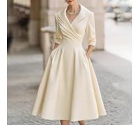 FACULX Abito da sera da donna, in raso, a maniche lunghe, elegante, con colletto rovesciato, linea ad A, per feste e matrimoni