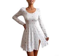 FACULX Camicia da notte da donna floreale a maniche lunghe con orlo diviso | Tessuto traspirante Abbigliamento comodo per la casa per l'hotel Tutte le stagioni Abito stampato elegante bianco nero S-3XL