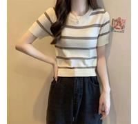 FACULX Manica corta per girocollo Crop per top Design a righe Short | Tessuto in poliestere, sensazione leggera, trama a maglia, lunghezza del raccolto, stile casual