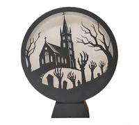 FACULX Portacandele a LED in legno per Halloween, con motivi di proiezione, alimentato tramite USB, decorazione da scrivania per la casa e la decorazione delle feste, 25 x 20 cm (chiesa mano fantasma)