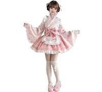 FAD-4U Costume da cameriera Lolita in stile giapponese, set da 4 pezzi - abito kimono da donna - maglia a maniche lunghe + gonna + grembiule + nastro obi - Cosplay per Halloween, feste scolastiche