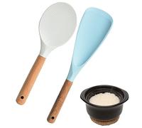 Faderr Set di cucchiai per riso, 1 cucchiaio per riso e 1 spatola per riso, silicone e legno, resistente al calore, antiaderente, bianco e blu
