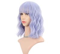FAELBATY Bob - Parrucca Sintetica Ondulata Blu Chiaro Con Frangia per Cosplay da Ragazza, Lunghezza Della Spalla, per Travestimento (12" Blu Grigio Chiaro)