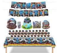 FAELNK Set di Stoviglie per Feste a Tema Monster Truck Stoviglie Compleanno Monster Truck Piatti di Carta Bicchieri Tovaglie Tovaglioli Striscioni Torte e Cotolette per Bambini e Bambine 10 ospiti