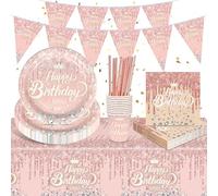 FAELNK Stoviglie per Feste di Compleanno Ragazza Piatti Rosa Compleanno Set Set di Stoviglie per Feste Piatti Piatti di Carta Bicchieri Tovaglioli Tovaglie Striscioni Cannucce per 10 Ospiti