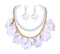 FAERLIIRY Set di collana con petali di fiori e orecchini, collana a strati con perline e collana di perline, set di gioielli per le donne, collana estiva e orecchini, Large, Resina, Nessuna pietra