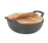 Fafeicy Ghisa Wok Autentico Padella Asiatica per la Griglia Arrosto Autunnale con Coperchi in Legno per Cucina in Famiglia (25CM)