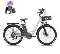 Fafrees Bici Elettrica per Adulti 26" da 36V20.3Ah Batteria Rimovibile Bicicletta Elettrica con Cestino, Autonomia di 80-200km Pedalata Assistita,7 Velocità Ebike da Città,Grigio,Supporto per Telefono