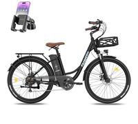 Fafrees Bici Elettrica per Adulti 26" da 36V20.3Ah Batteria Rimovibile Bicicletta Elettrica con Cestino, Autonomia di 80-200km Pedalata Assistita, 7 Velocità Ebike da Città, Nero,Supporto per Telefono