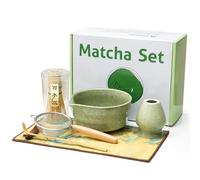 Fagalil Set di Fruste per Matcha, Set da Tè Matcha da 7 Pezzi con Frusta in Bambù Ciotola in Ceramica Cucchiaio e Supporto Kit di Partenza Tradizionale per la Cerimonia del Tè (Verde)