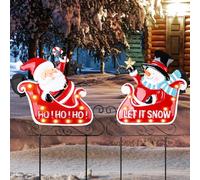 FAGIGY Confezione da 2 decorazioni natalizie per esterni, pali in metallo da giardino con luci a LED solari, decorazione natalizia per esterni, Babbo Natale, slitta con pupazzo di neve, perfette per