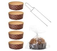 FAH - Kit Stampo Panettone Basso (5pz x 1kg) + Spillone Panettone + 5 Sacchetti con Chiusure, Pirottini Panettone Professionale di Carta Ondulata di Pura Cellulosa, Resistente al Calore 220°C