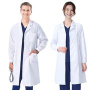 FAHAKO Camice Bianco da Laboratorio Donna Uomo Camice Laboratorio Chimico Cotone Camice Medico Camice Chimica Maniche Lunghe Camice Infermiere Camici Lavoro con Bottoni per Scuola Ospedale Cosplay, L