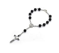 Fahoujs Squisito rosario per gioielli a croce in vetro nero perline braccialetto rosario must per il cattolicesimo preghiera religiosa gioielli fascino