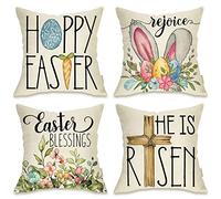 Fahrendom Happy Easter Eggs - Set di 4 federe decorative per cuscino con coniglietto, 45,7 x 45,7 cm, motivo religioso, rallegrarsi, conigli, carota, fiori, benedizioni, decorazione per la casa