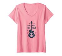 Fai Musica Non Guerra: Peace Guitar Protest Maglietta con Collo a V, Donna, Rosa, S