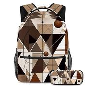 Fai una dichiarazione a scuola con il set di 2 zaini per bambini per ragazzi ragazze adolescenti, zaino e astuccio duo, marrone astratto geometrico, Multicolore, B:29.4x20x40cm P:19x7.5x3.8cm, Zaini
