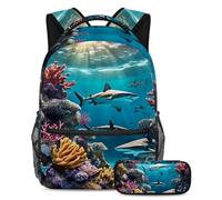 Fai una dichiarazione a scuola, set di 2 zaini per bambini per ragazzi, ragazze e adolescenti, squalo carino, Multicolore, B:29.4x20x40cm P:19x7.5x3.8cm, Zaini Daypack
