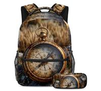 Fai una dichiarazione con il nostro set di 2 zaini da scuola, zaino e astuccio di grande capacità, su misura per ragazzi, ragazze e adolescenti, motivo bussola, Multicolore, B:29.4x20x40cm\