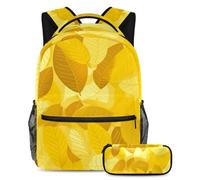 Fai una dichiarazione con il nostro set di 2 zaini da scuola, zaino e astuccio di grande capacità, su misura per ragazzi, ragazze e adolescenti, motivo foglie gialle, Multicolore, B:29.4x20x40cm\