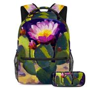 Fai una dichiarazione con il nostro set di 2 zaini da scuola, zaino e astuccio di grande capacità, su misura per ragazzi, ragazze e adolescenti, fiori di cactus viola, Multicolore, B:29.4x20x40cm\