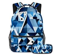 Fai una dichiarazione con il nostro set di 2 zaini da scuola, zaino e astuccio di grande capacità, su misura per ragazzi, ragazze e adolescenti, geometrico astratto blu, Multicolore, B:29.4x20x40cm\