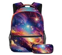 Fai una dichiarazione con il set di 2 zaini per bambini, zaino alla moda e astuccio per ragazzi, ragazze e adolescenti, galassia colorata, Multicolore, B：29.4x20x40cm P：19x7.5x3.8cm, Zaini Daypack
