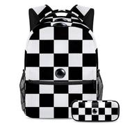 Fai una dichiarazione con questo set di 2 zaini alla moda per ragazzi ragazze adolescenti, motivo a scacchiera bianca e nera, Multicolore#05, B：29.4x20x40cm P：19x7.5x3.8cm, Zaino daypack