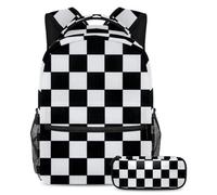 Fai una dichiarazione con questo set di 2 zaini alla moda per ragazzi ragazze adolescenti, motivo a scacchiera bianca e nera, Multicolore#01, B:29.4x20x40cm P:19x7.5x3.8cm, Zaino daypack