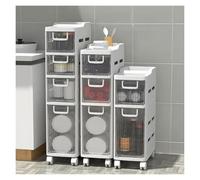 Failjierue Armadietto da bagno sottile con cassetti trasparenti e ruote silenziose, organizer per carta igienica stretto, autoportante, per piccoli bagni (4 ripiani)