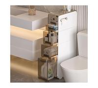 Failjierue Armadietto portaoggetti da bagno piccolo con cassetti scorrevoli, supporto per WC ad angolo stretto con rotelle, organizer sottile per carta igienica autoportante (4 ripiani)