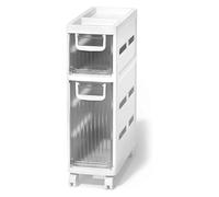 Failjierue Armadietto portaoggetti impilabile impermeabile da 35,6 cm, organizer stretto da bagno con telaio rinforzato, cassetti trasparenti e ruote bloccabili (2 livelli)