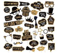 FAINCA 36 Pezzi Photo Booth Compleanno Accessori con 36 Bastoncini Photo Booth Matrimonio con Nastro Biadesivo Gadget Matrimonio Stampa Glitterata per Compleanni Natale Carnevale (Oro)