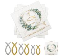 FAINCA 40 Pezzi Tovaglioli di Carta, 16.5x16.5CM Battesimo Tovaglioli, Comunione Tovaglioli Carta, con 60 Pezzi Decorazione Pesci Egno, Tovagliolo Decorazione Battesimo Comunione Cresima