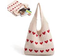 FAINCA Borsa Mare, 30x36cm Borsa Uncinetto, Heart Beach Bag, Hand Knit Beach Bag, Borse a Tracolla All'Uncinetto Borsetta a Maglia Lavorata a Maglia per Viaggio per lo Shopping e le Vacanze (Beige)