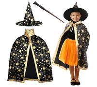FainFun Mantello da strega con cappello per bambini, Wizard Cape Witch Mantello con cappello, Halloween, strega, mantello mago, nero, sacchetti di caramelle in feltro, per bambini cosplay party (nero)