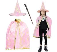 FainFun Wizard Cape Witch Costume da mago per bambini, mantello con cappello, halloween strega, mantello mago, nero, sacchetti di caramelle in feltro, per bambini cosplay party (rosa)
