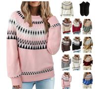 Fair Isle Sweater Women Crewneck Vintage Pullover,Cozy Nordic Knit Sweaters