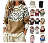 Fair Isle Sweater Women Crewneck Vintage Pullover,Cozy Nordic Knit Sweaters