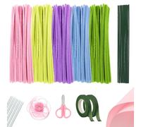 Fairblo 500 Pezzi Fili di Ciniglia Rosa Giallo Blu Viola e Verde Scovolini Colorati per Lavoretti Fiori con Steli per Fiori Nastro Floreale Nastro di Organza Piccole Forbici e Carta da Regalo