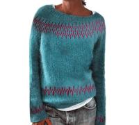 Fairisle Maglione da donna taglie forti girocollo lavorato a maglia maglione natalizio con stampa isola di Natale maglioni comodi maglioni larghi maglioni festivi, Blu, L