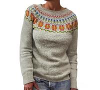 Fairisle, maglioni da donna morbidi e confortevoli, maglioni islandesi da donna, morbidi e leggeri, a tunica, a girocollo, maglione autunnale con stampa isola, maglieria jacquard vintage, Marrone, L