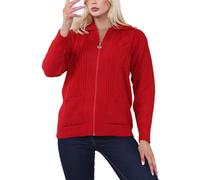 FAIRY BOUTIQUE Cardigan da donna lavorato a maglia con colletto e cerniera, a maniche lunghe, con 2 tasche, maglione classico invernale caldo, Rosso, 52-54