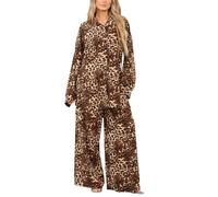 FAIRY BOUTIQUE Tuta da donna con stampa leopardata italiana, a gamba larga, palazzo svasato e camicia con bottoni, set da 2 pezzi, Stampa leopardata marrone., 12-14