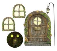 Fairy Door and Windows - Glow in The Dark Yard Art Sculpture Decoration for Kids Room, Wall and Trees Outdoor | Miniature Garden Outdoor Decor Accessories with Bonus Fairy Lantern