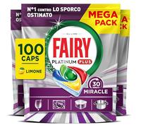 Fairy Miracle Platinum Plus Pastiglie Lavastoviglie, 100 Capsule, Limone, Detersivo 30 Minuti Miracle, Il Nostro N.1 Contro Lo Sporco Ostinato, Giga Pack