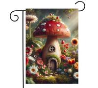 Fairy Mushroom House With Beautiful Flowers Daisy Butterfly Bandiere Durevole Flag Resistente Alle Intemperie Bandiera Per Balcone Giardino Festival 30X45Cm