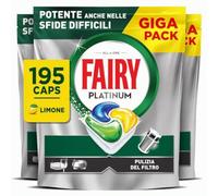 Fairy Platinum Pastiglie Lavastoviglie Tutto in Uno, 195 Caps, Limone | Potenti contro sfide difficili, piatti puliti, macchina brillante, pulisce filtro grasso.